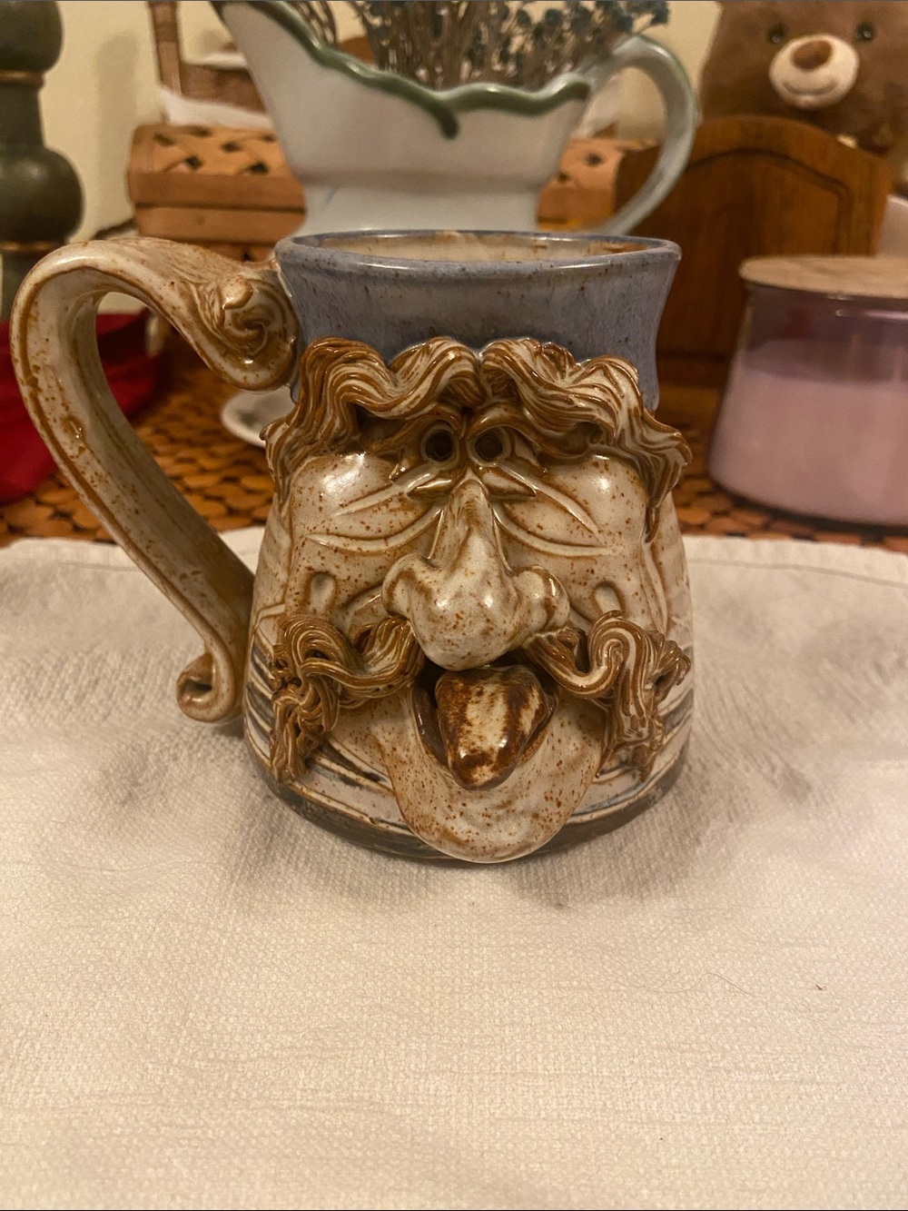 Artisan John Coiner Ceramic Face Sculpture Mug in Speckled Beige and Blue